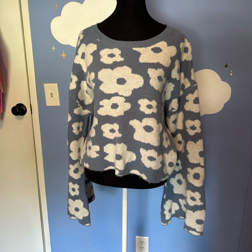 Cider Blue and White Floral Sweater